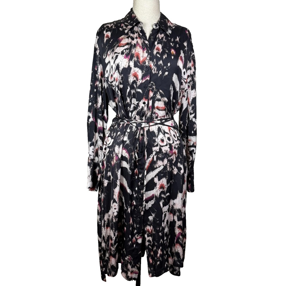 AllSaints Anya Wing Print Dress Womens L Black Belted Button Shirt Midi Satin